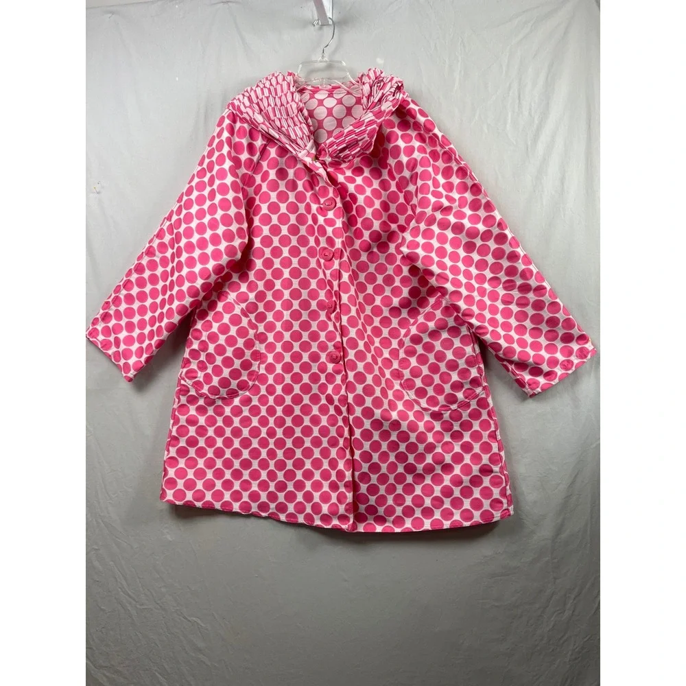 UBU Jacket Women XL Pink White Polka Dot Pleated Hooded Art to Wear Reversible